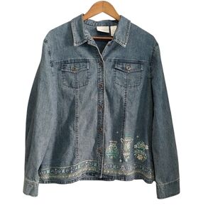 Vtg Alfred Dunner Size 16 Demin Embroidered Floral Vase Jean Button up Jacket